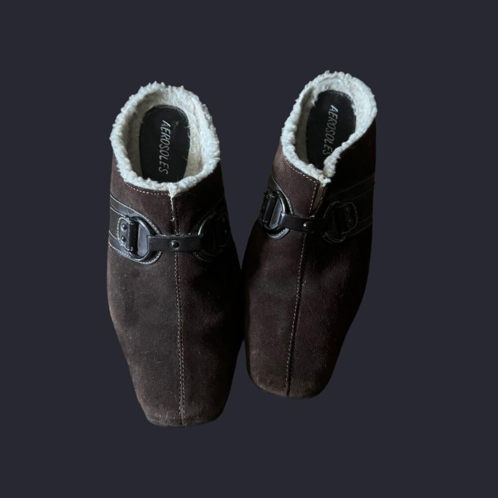 Vintage Sherpa Chocolate Brown Suede Mules with Buckle and Contrast Size 8 - Picture 3 of 7
